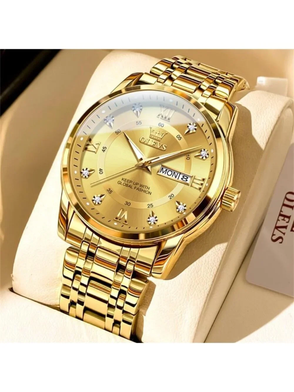Men's All Gold Diamond Stainless Steel Waterproof Roman Numbers Classic Watch